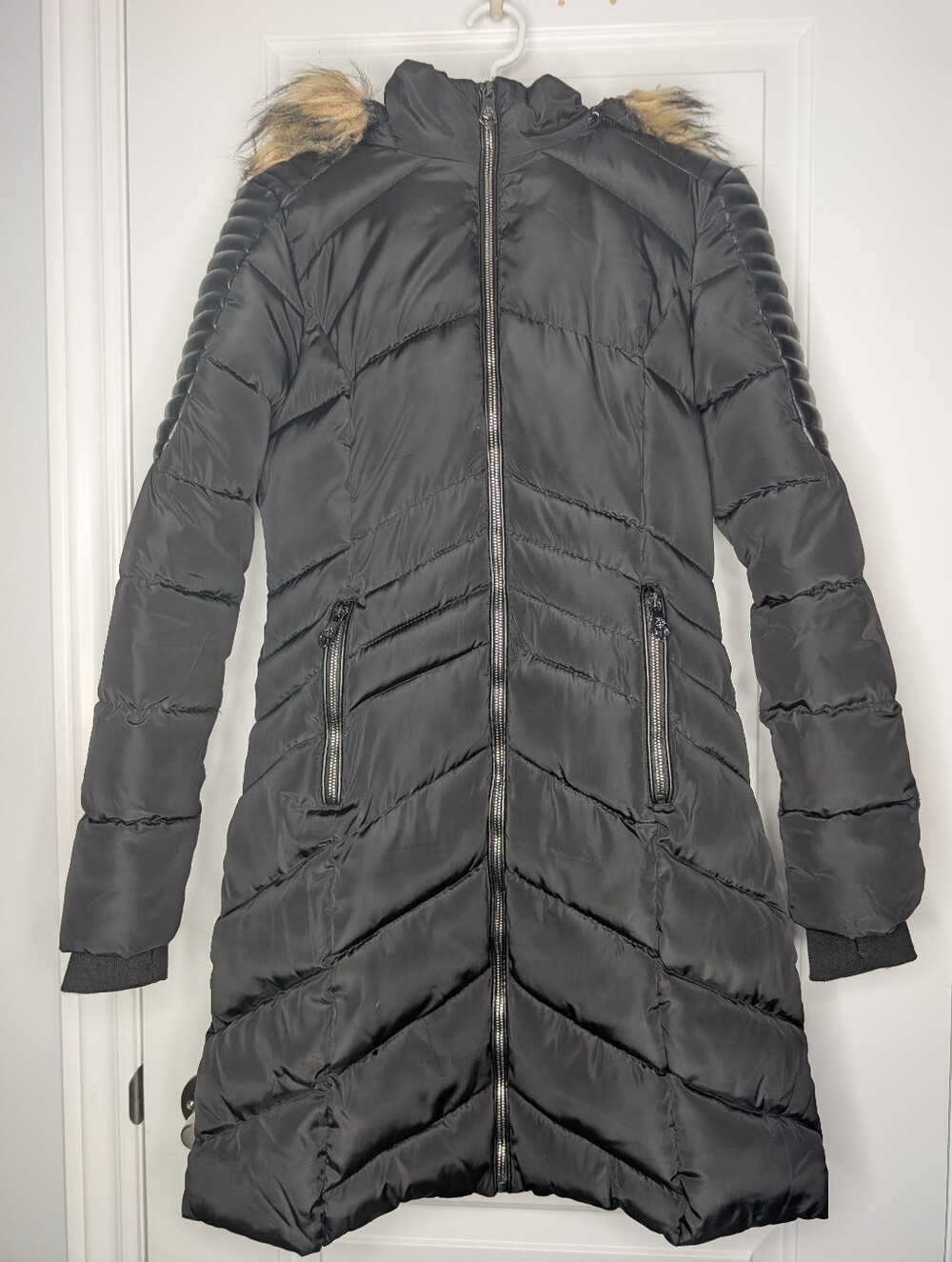 Nanette Lepore Black Long Quilted Puffer Coat with Faux Fur Trim